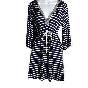 Blue Caribbean Women's Striped Long Sleeve V-Neck Hooded Blue Cover Up Small